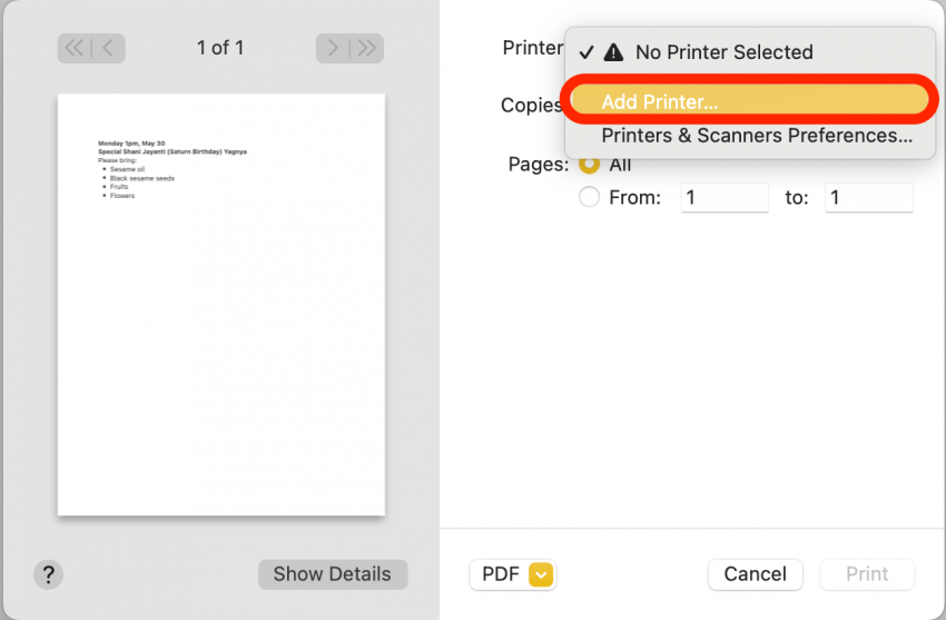 Si vous n'avez jamais imprimé à partir de cette application auparavant, vous devrez cliquer sur Ajouter une imprimante…
