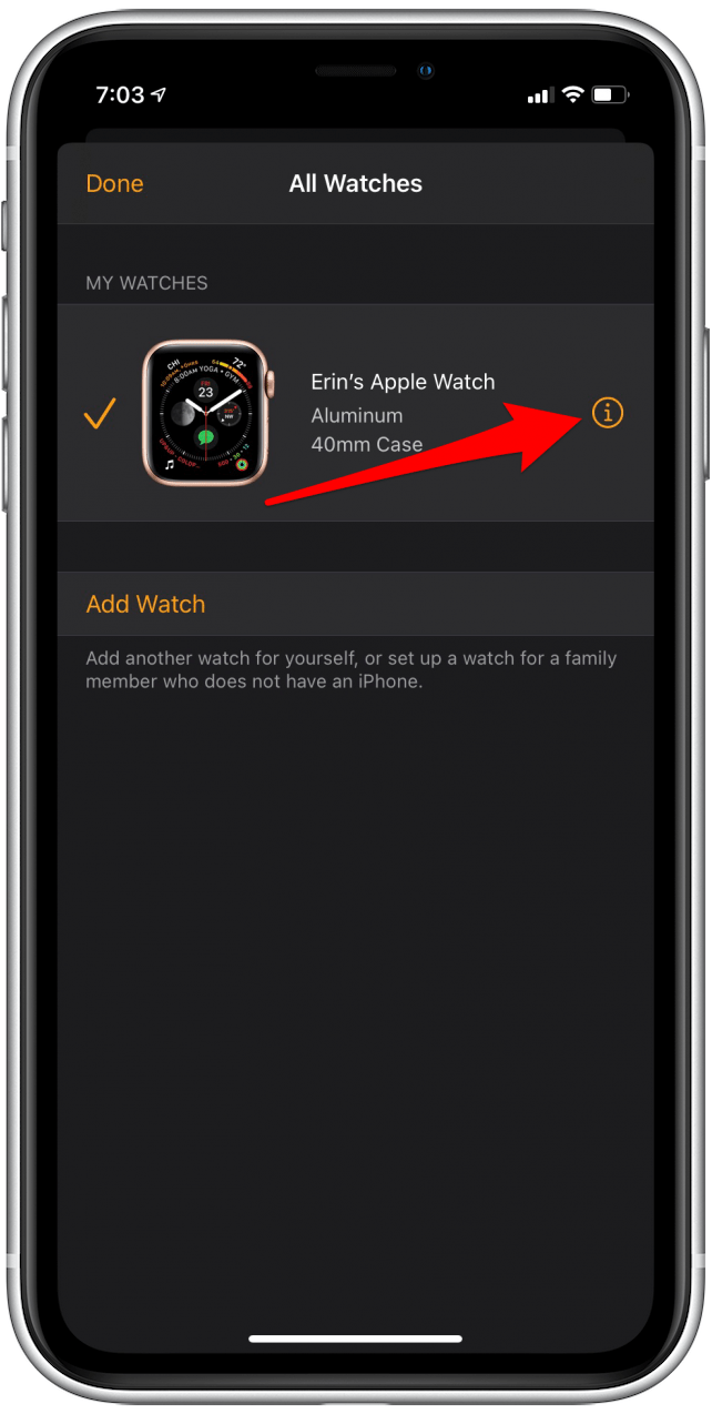Appuyez sur l'icône d'informations pour dissocier l'Apple Watch