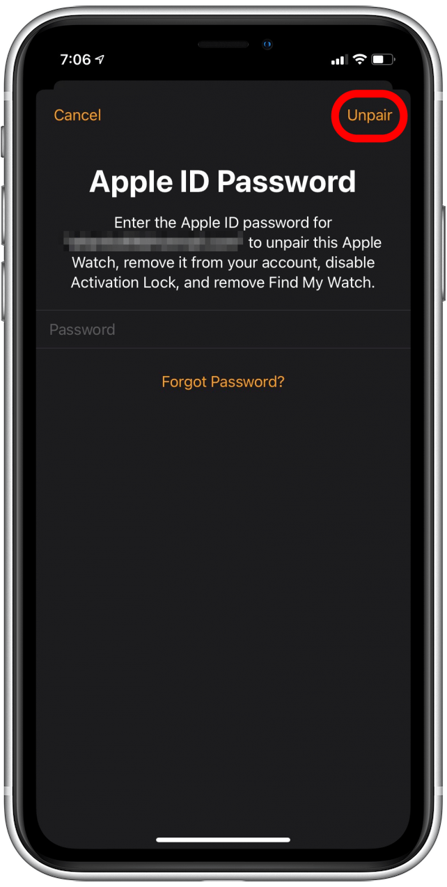 Entrez votre mot de passe Apple ID et appuyez sur Dissocier pour dissocier Apple Watch de l'iPhone