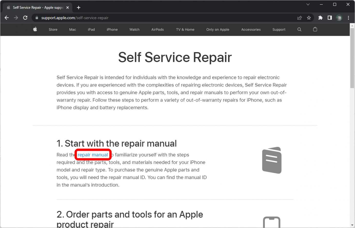 Chrome sur la page Web Apple Self Service Repair avec le lien vers 
