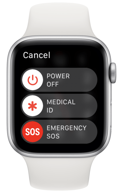 Sur votre Apple Watch, maintenez enfoncé le bouton latéral jusqu'à ce que le menu des options d'alimentation apparaisse.