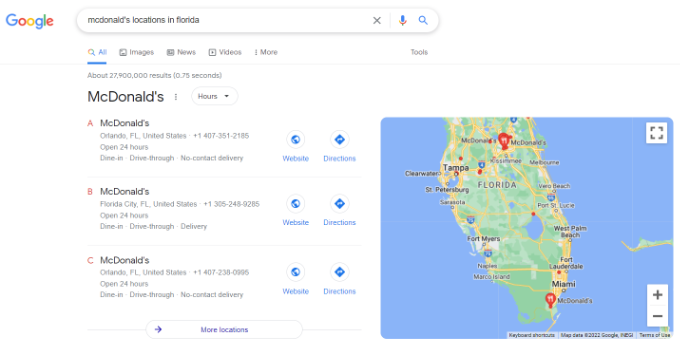 Aperçu de plusieurs cartes de localisation sur Google