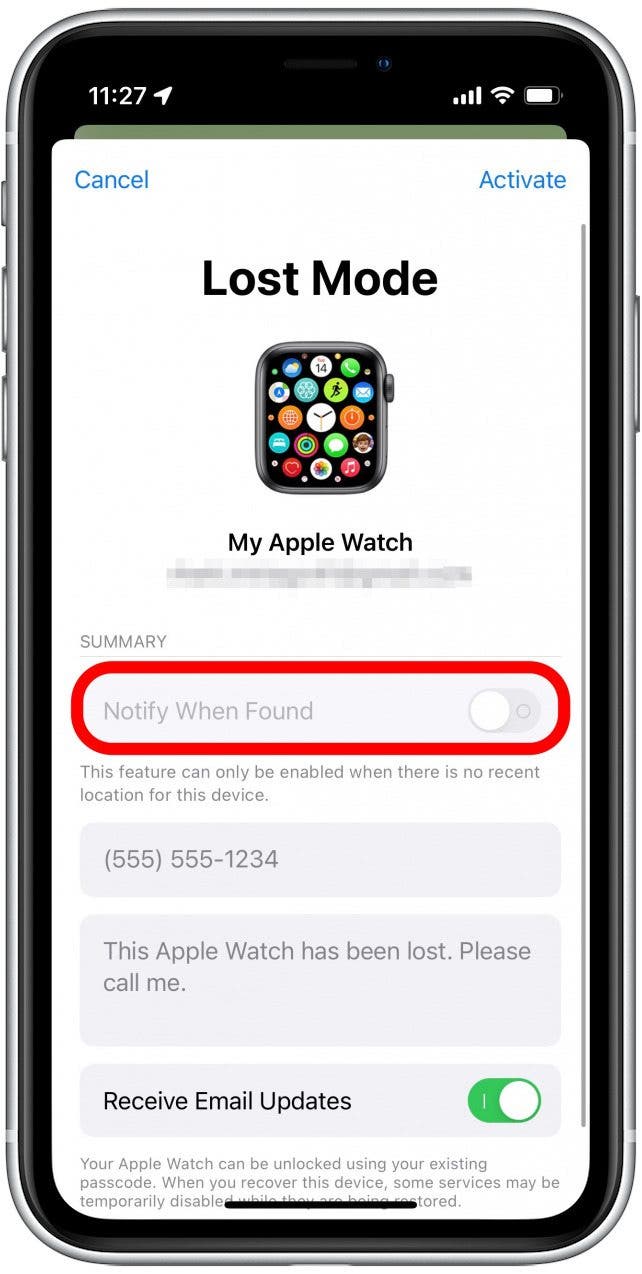 Si l'emplacement de votre Apple Watch a récemment fait l'objet d'un ping, cette bascule sera désactivée.