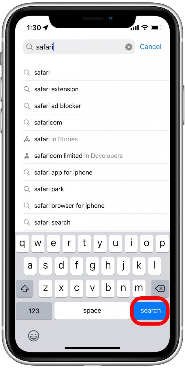 Tapez Safari dans la barre de recherche et appuyez sur Rechercher.