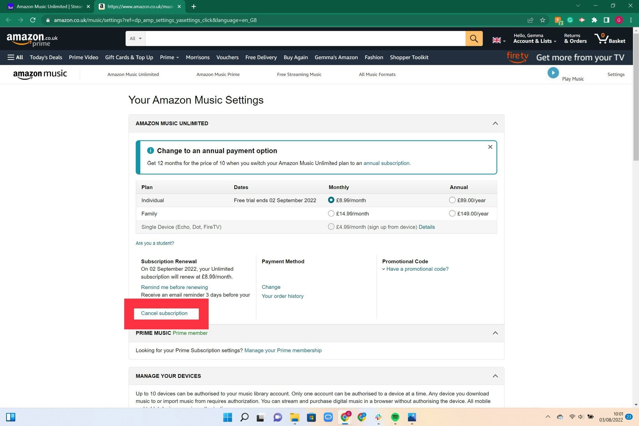 Les options de facturation sur Amazon Music Unlimited