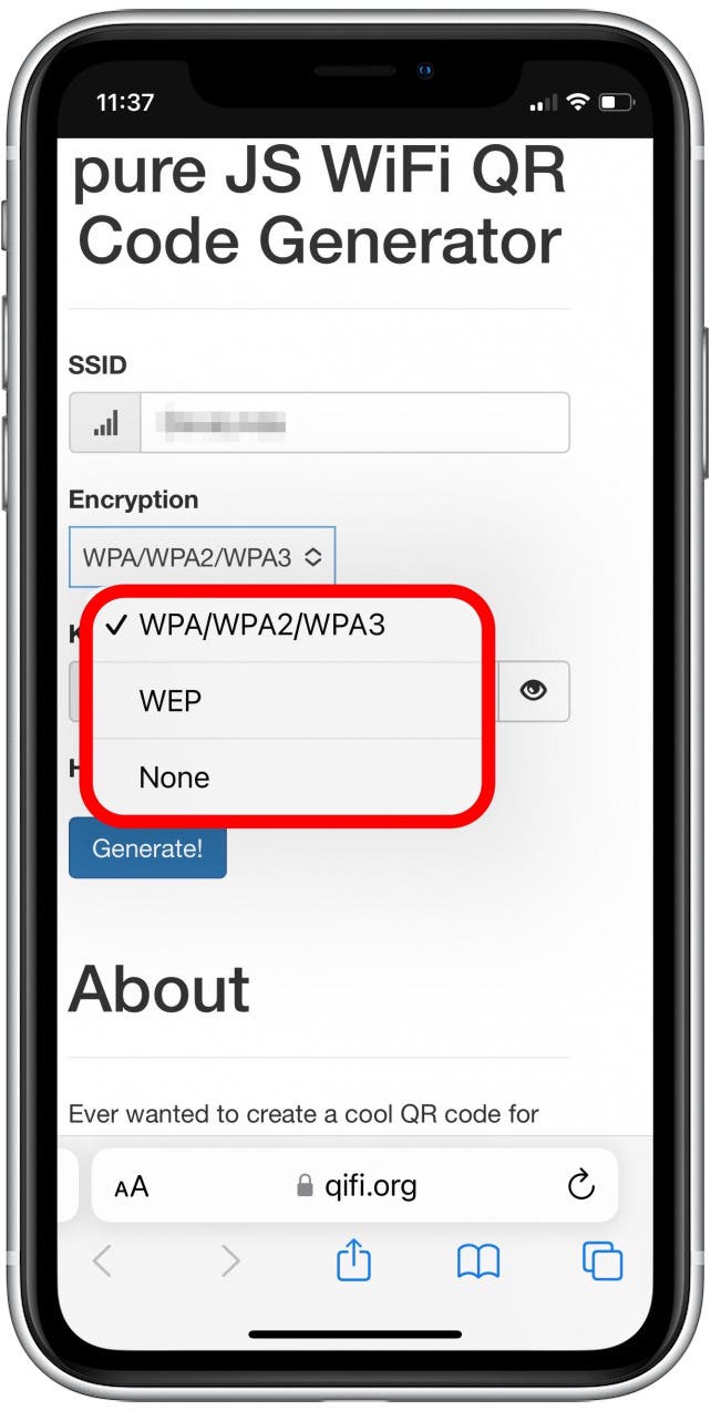 Appuyez pour sélectionner le type de cryptage de votre Wi-Fi.