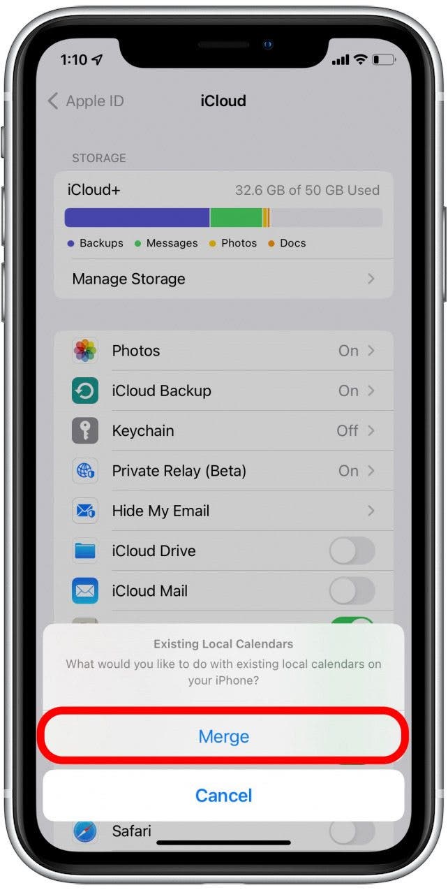 Appuyez sur Fusionner - Le calendrier iPhone ne se synchronise pas