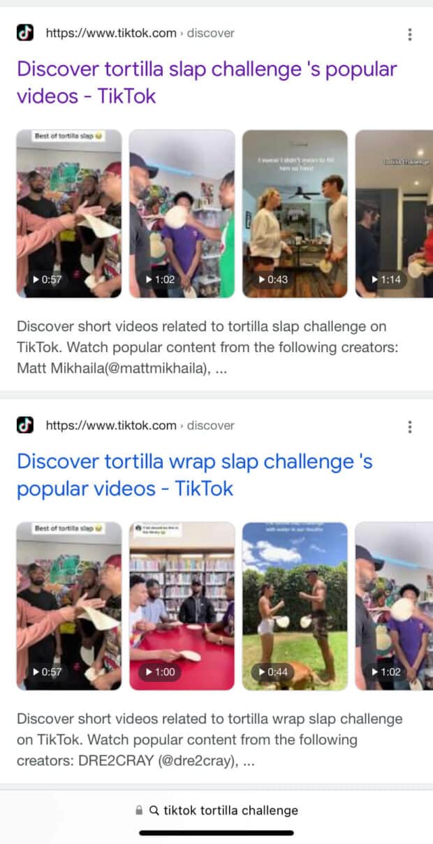 Comment effectuer une recherche sur TikTok sans compte Résultats Google du Tortilla Wrap Challenge