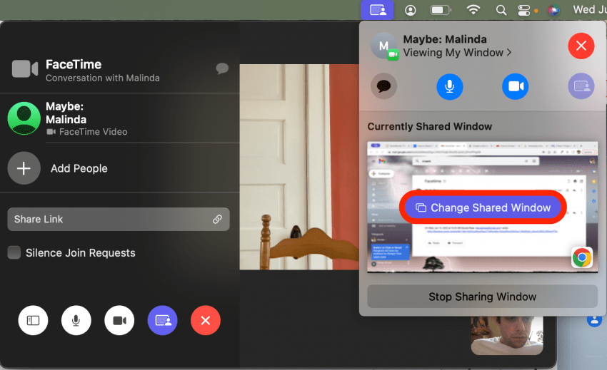 Si vous souhaitez modifier la fenêtre que vous partagez, vous pouvez à tout moment cliquer sur Modifier la fenêtre partagée.