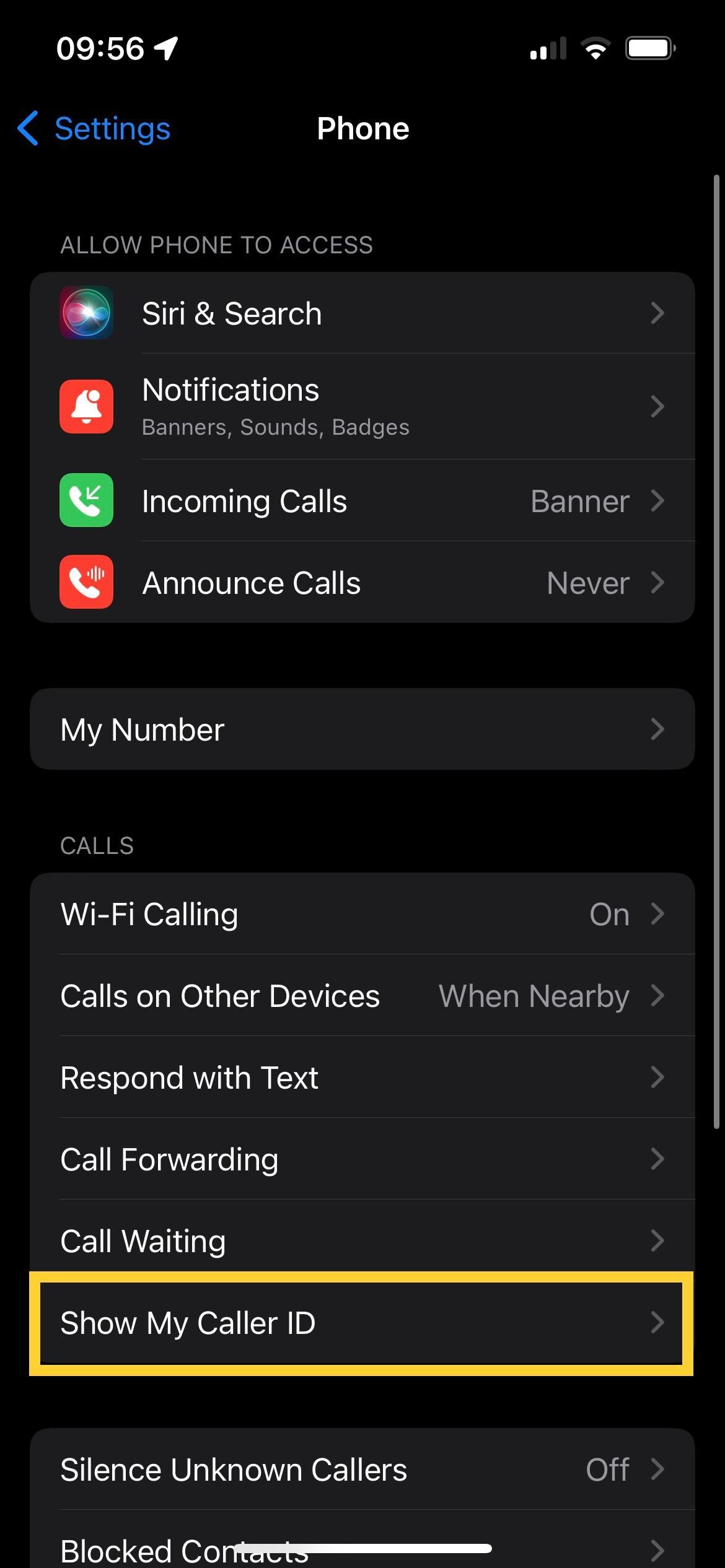 Le bouton Afficher l'identification de l'appelant dans iOS