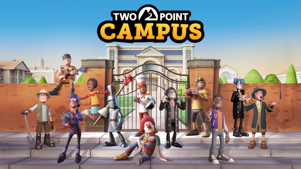 L'art clé de Two Point Campus, montrant l'ouverture de l'université et certains des personnages du jeu