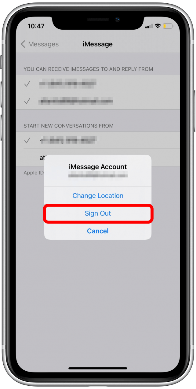 Appuyez sur Se déconnecter pour réinitialiser l'identifiant Apple et l'erreur d'activation d'iMessage