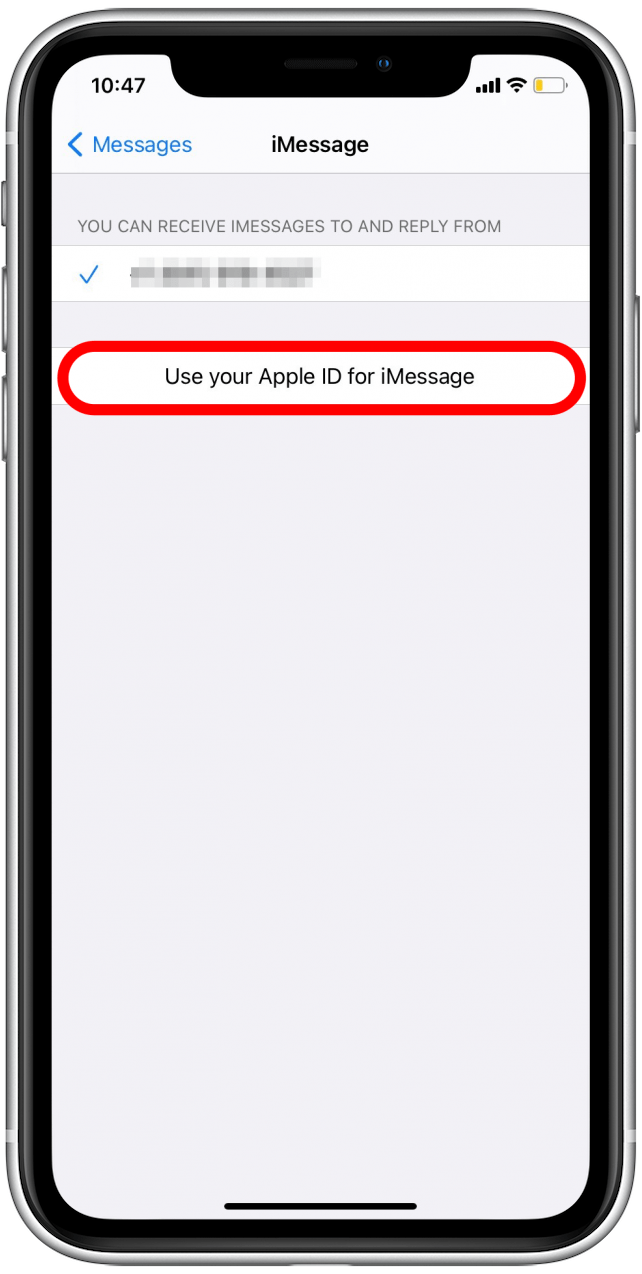 Appuyez sur Utiliser votre identifiant Apple pour les messages pour corriger l'erreur iMessage