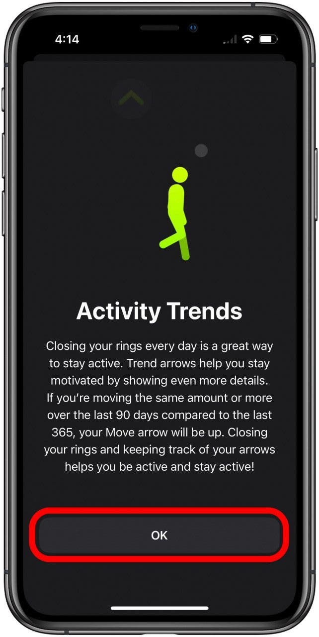 Écran d'informations sur les tendances d'activité physique avec le bouton OK marqué.