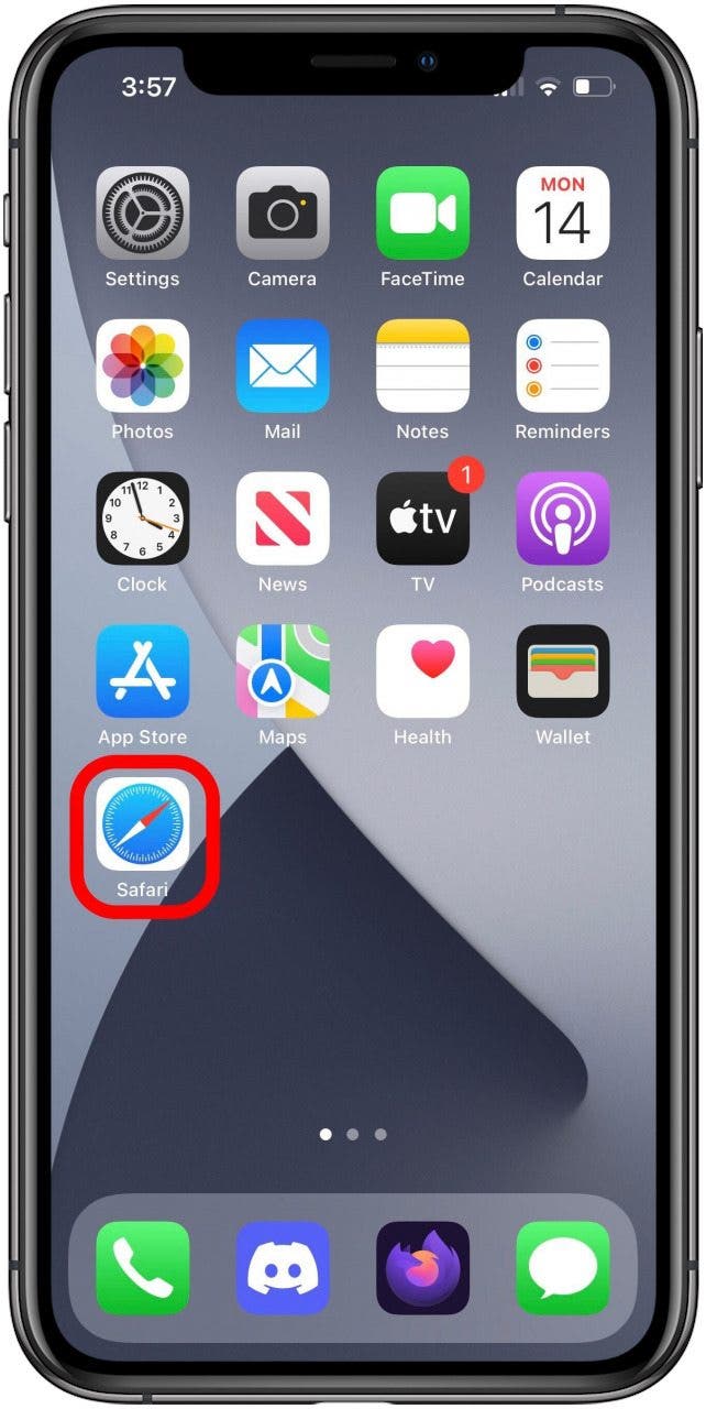 Écran d'accueil avec l'icône de l'application Safari marquée.