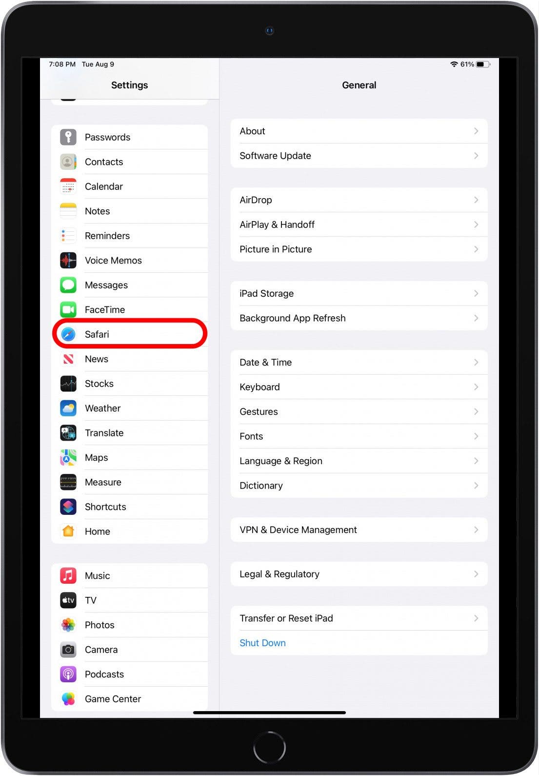 Paramètres iPad avec l'option Safari cochée.