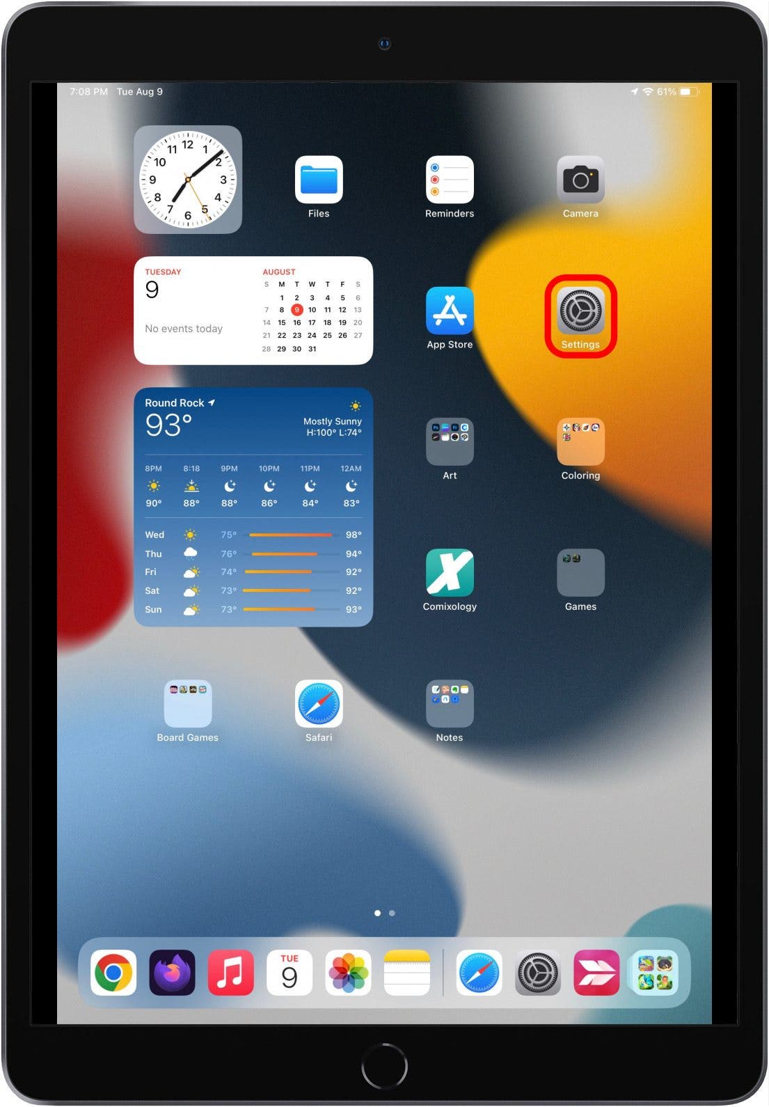 Écran d'accueil de l'iPad avec l'icône de l'application Paramètres marquée.