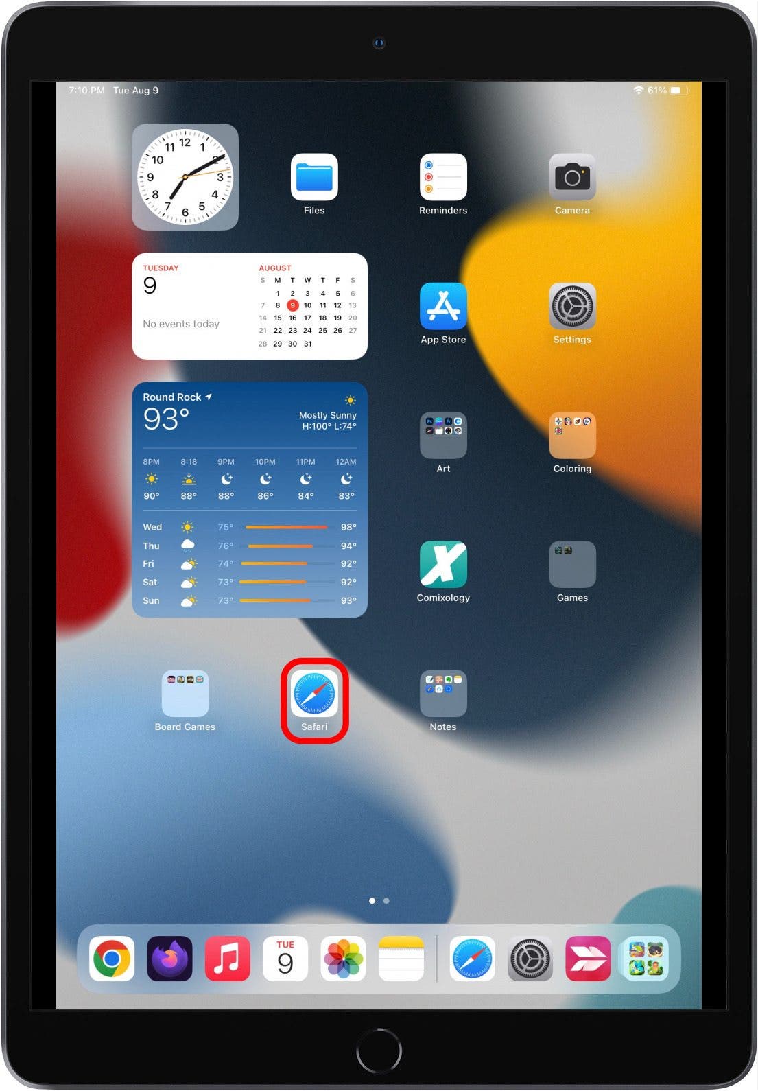 Écran d'accueil de l'iPad avec l'icône de l'application Safari marquée.