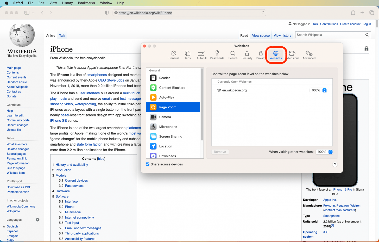 Safari sous MacOS avec la fenêtre Paramètres ouverte sur l'onglet Sites Web et cet onglet marqué.