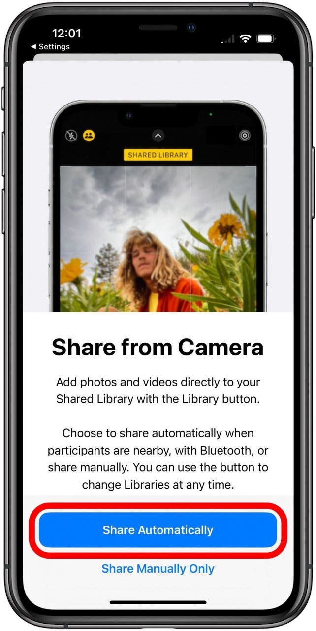 Shared Photo Library sur l'écran de configuration Share from Camera avec le bouton Share Automatically marqué.