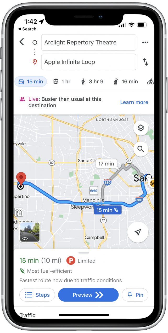 Google Maps vous montrera désormais les itinéraires les plus courts.  Si vous souhaitez réactiver le routage économe en carburant, suivez simplement les étapes ci-dessus et appuyez à nouveau sur la bascule.
