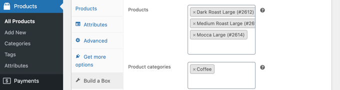 Sélectionnez les produits ou la catégorie de produits pouvant être ajoutés à la boîte