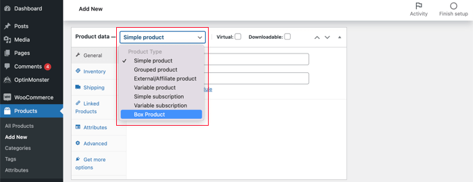 Sélectionnez 'Box Product' dans la liste déroulante Product Data