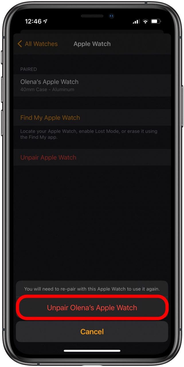 Confirmez que vous souhaitez dissocier l'Apple Watch