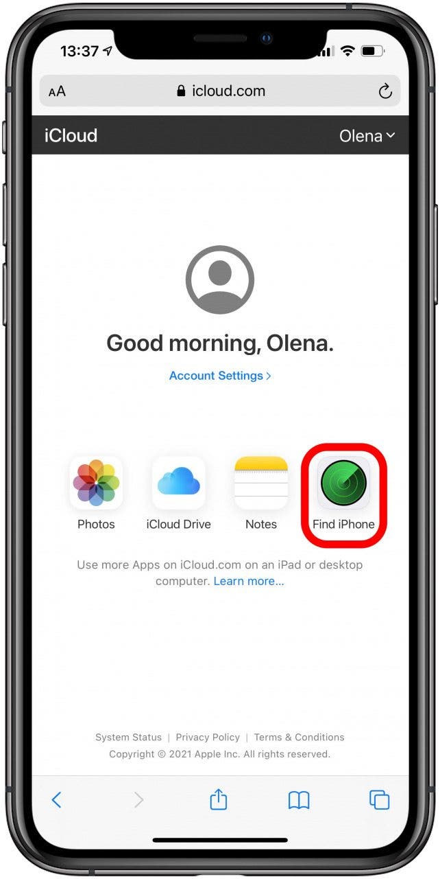Appuyez sur Rechercher iPhone dans iCloud