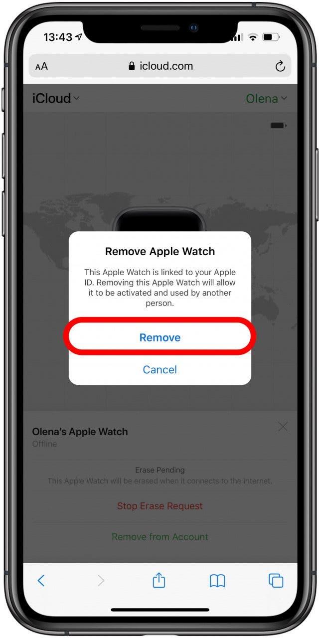 Confirmez pour supprimer votre Apple Watch d'iCloud