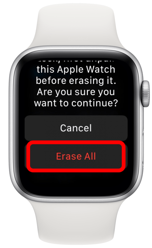 Confirmez que vous souhaitez tout effacer sur Apple Watch