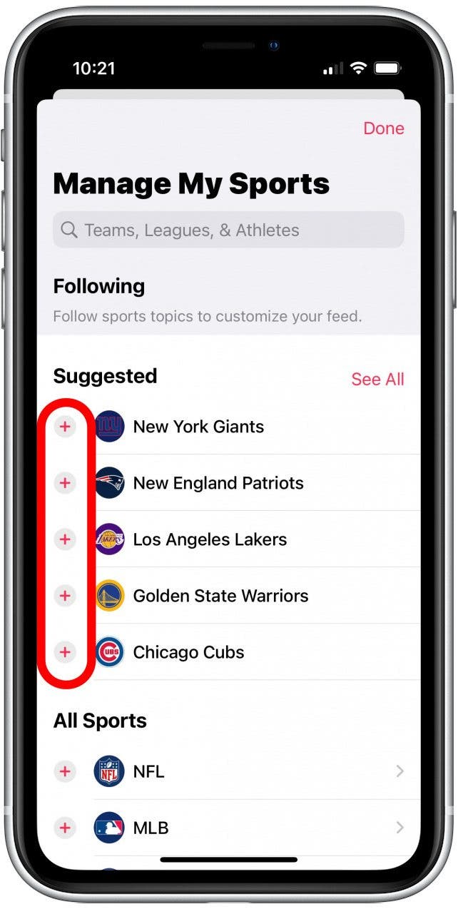 Appuyez sur l'icône plus pour ajouter des équipes ou des sports que vous souhaitez suivre.