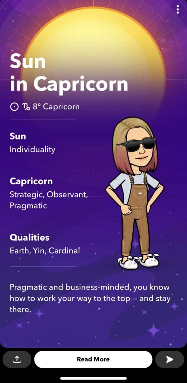 profil d'astrologie snapchat généré sur mesure montrant le soleil en capricorne
