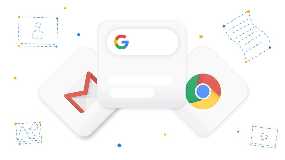 Logos de Chrome, barre de recherche Google et Gmail sur fond blanc