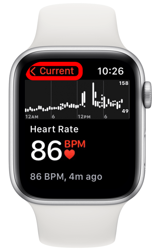 Après quelques secondes, vous verrez votre fréquence cardiaque actuelle.  Appuyez sur Actuel