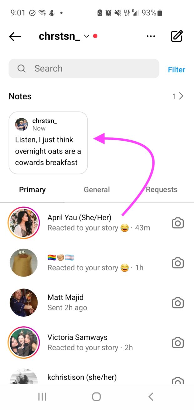 Notes Instagram trouvées dans la boîte de réception au-dessus des messages directs