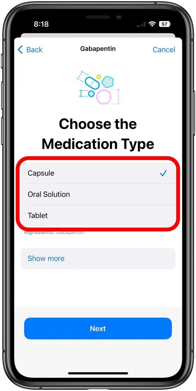 Application Santé sur l'écran du nouveau médicament avec la case de sélection du type cochée.