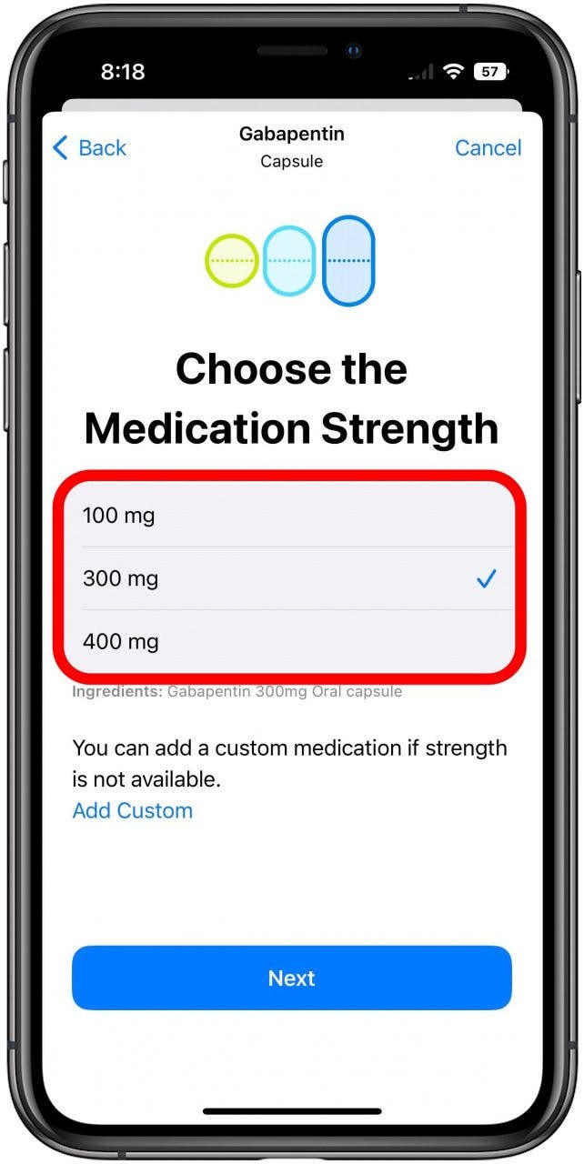 Application Santé sur le nouvel écran de médicaments avec la case pour sélectionner la force marquée.