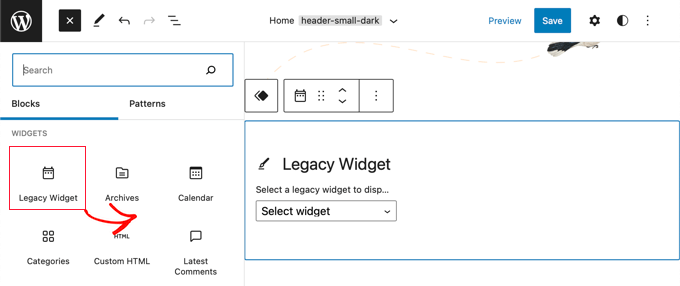 Le widget Legacy est désormais disponible dans l'éditeur de site complet