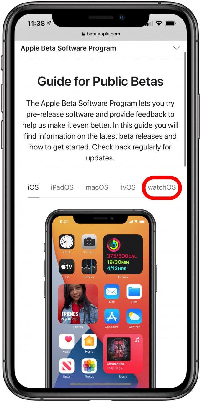 Une fois votre iPhone inscrit, utilisez ce lien ou appuyez sur watchOS sur la page du programme logiciel Apple Beta.