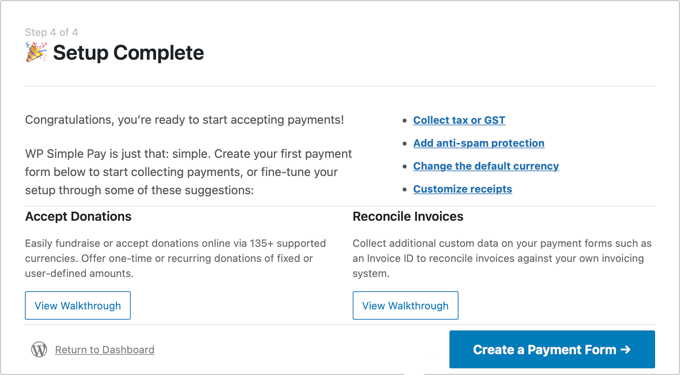 La configuration de WP Simple Pay est terminée
