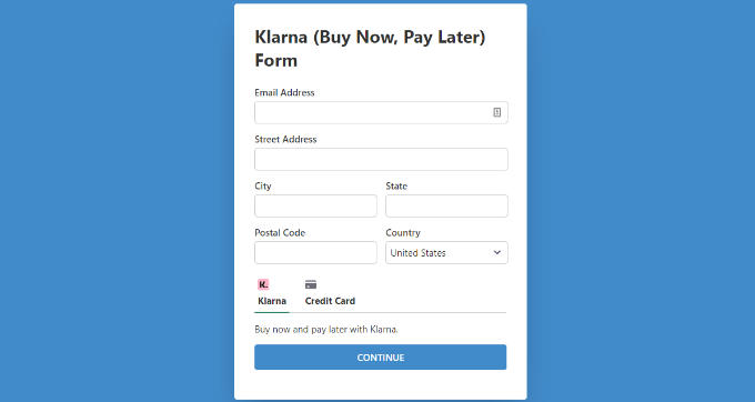 Aperçu de la page dédiée au formulaire de paiement Klarna