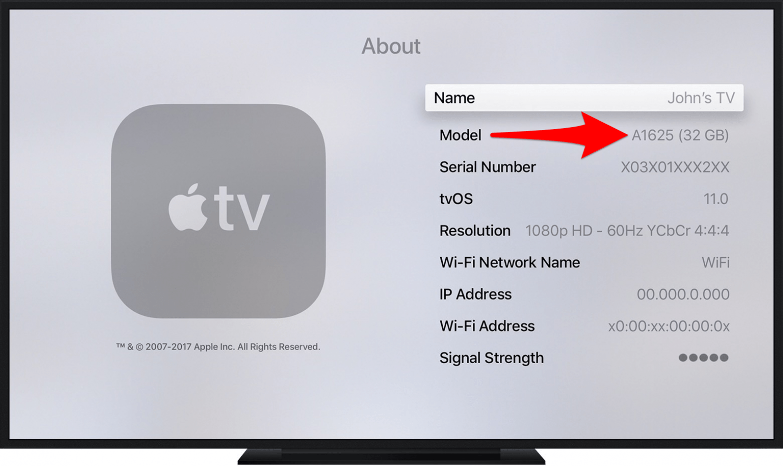 Les paramètres Apple TV vous montreront le numéro de modèle
