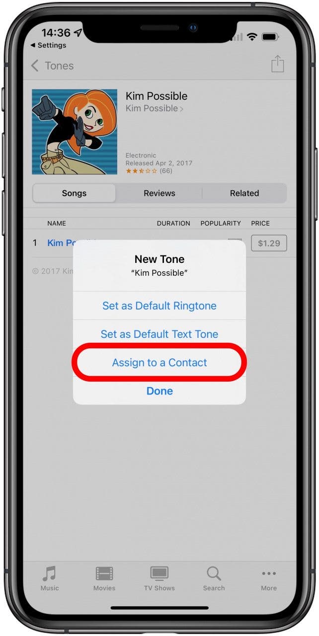 Suivez simplement les étapes de Comment acheter une sonnerie de message texte dans Tone Store et appuyez sur Définir comme Attribuer au contact à l'étape 12.