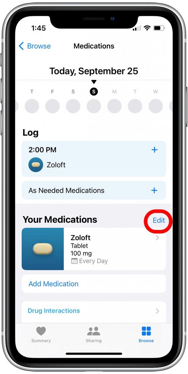 Alternativement, sur l'écran Médicaments, vous pouvez appuyer sur Modifier à côté du médicament que vous avez arrêté de prendre.