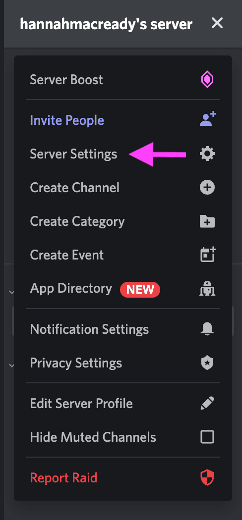 option de paramètres de serveur sur l'application mobile discord