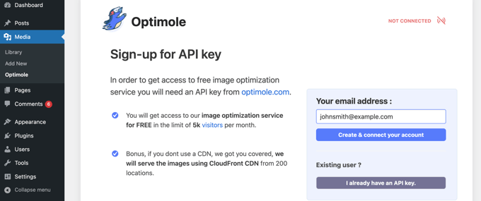 Vous avez besoin d'une clé API Optimole