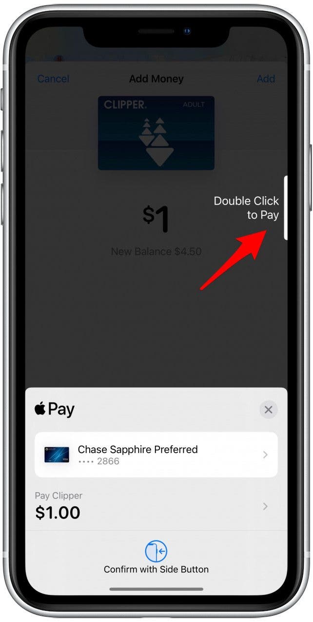   Double-cliquez sur votre bouton latéral (ou sur le bouton Accueil sur un ancien iPhone) pour terminer le paiement. 