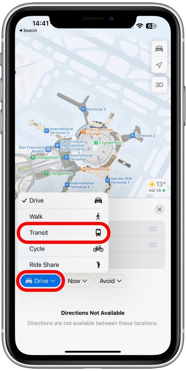Appuyez sur Drive ou sur le mode de transport sélectionné automatiquement et sélectionnez Transit.