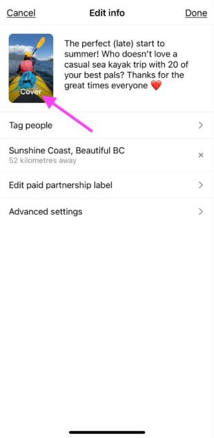 modifier le bouton de couverture sur la bobine instagram existante